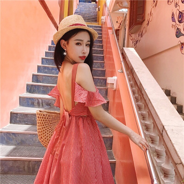 Váy Maxi Đi Biển Hở Vai Cam Form Bồng - Váy Đi Biển Trễ Vai (có ảnh thật) - Đầm Maxi Đi Biển Khoét Lưng | BigBuy360 - bigbuy360.vn