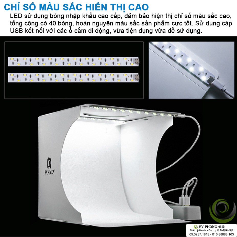 HỘP CHỤP SẢN PHẨM PULUZ 2 BẢNG ĐÈN LED 22x23x24cm TẶNG 6 TẤM PHÔNG MÀU DDC-113