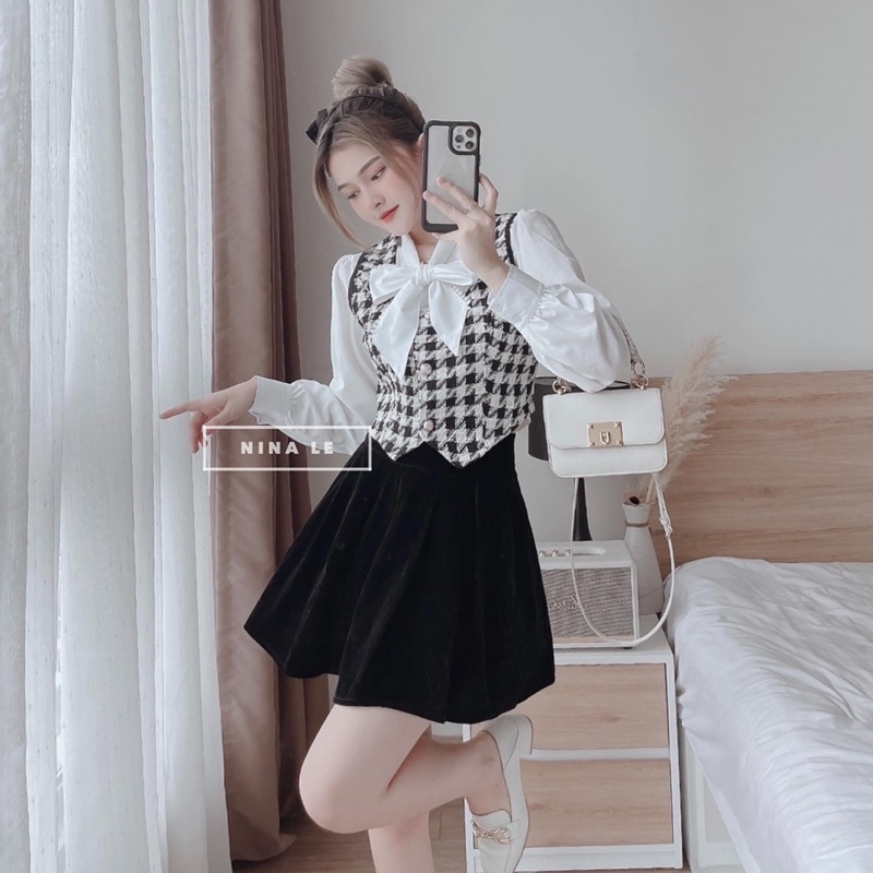 Set áo gile( 2lớp) phối sơ mi kèm chân váy