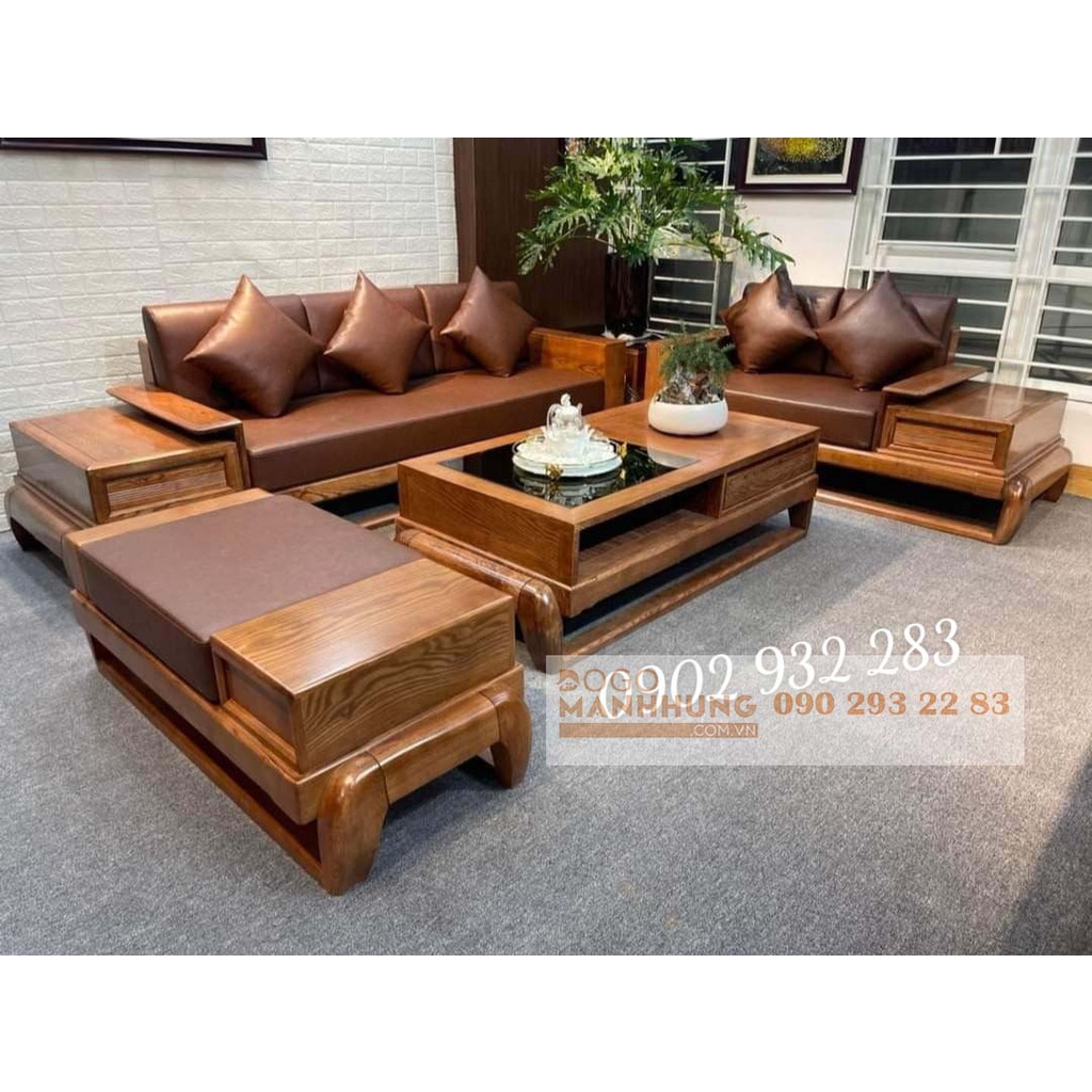 Bộ bàn ghế phòng khách, ghế sofa góc 2 văng gỗ sồi chân đùi gà , mẫu mới 2022
