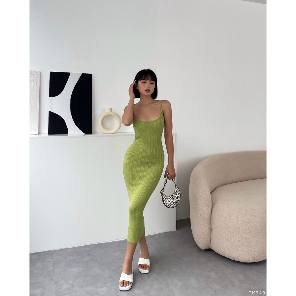 Đầm body nữ hai dây khoét eo dáng dài qua gối, đầm midi dáng ôm sexy NPDAM016