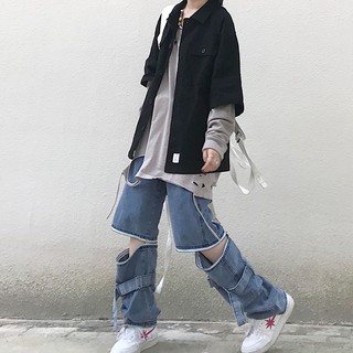 Quần jean ống suông phối siết gối , dáng rộng unisex (hàng order không có sẵn)