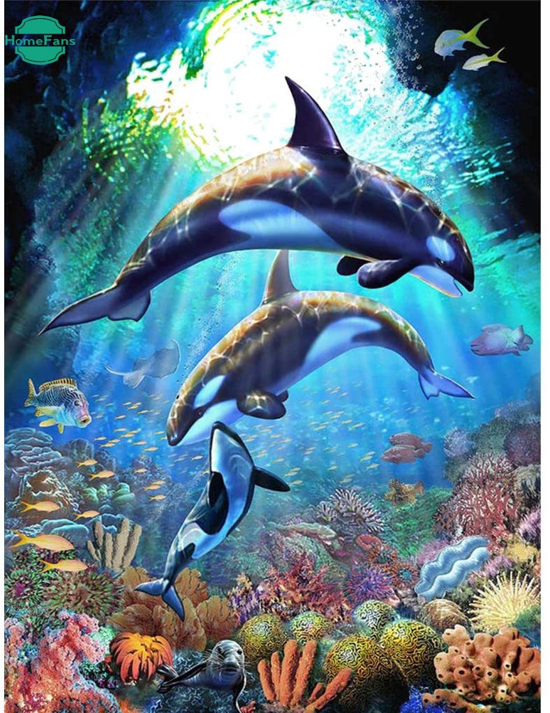 Bộ tranh đính đá 5D họa tiết cá heo độc đáo kích thước 30 &quot;x 40&quot; dùng trang trí nhà cửa