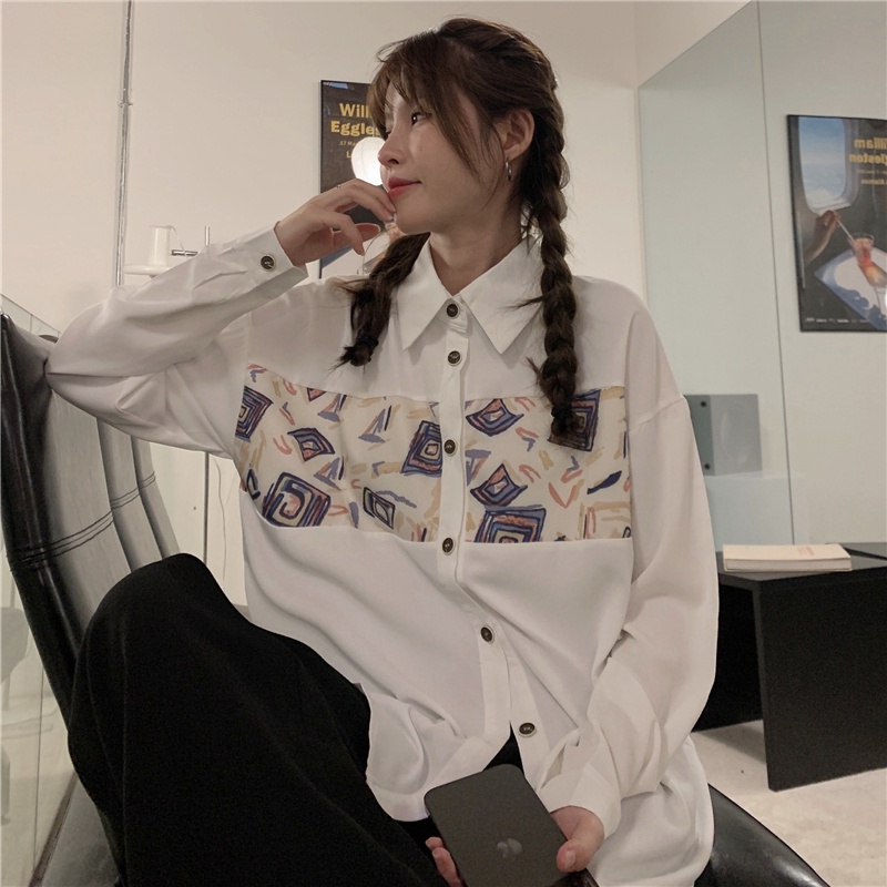 Áo Sơ Mi Dáng Rộng Họa Tiết Khối Màu Sắc Thời Trang Mùa Thu Cho Nữ