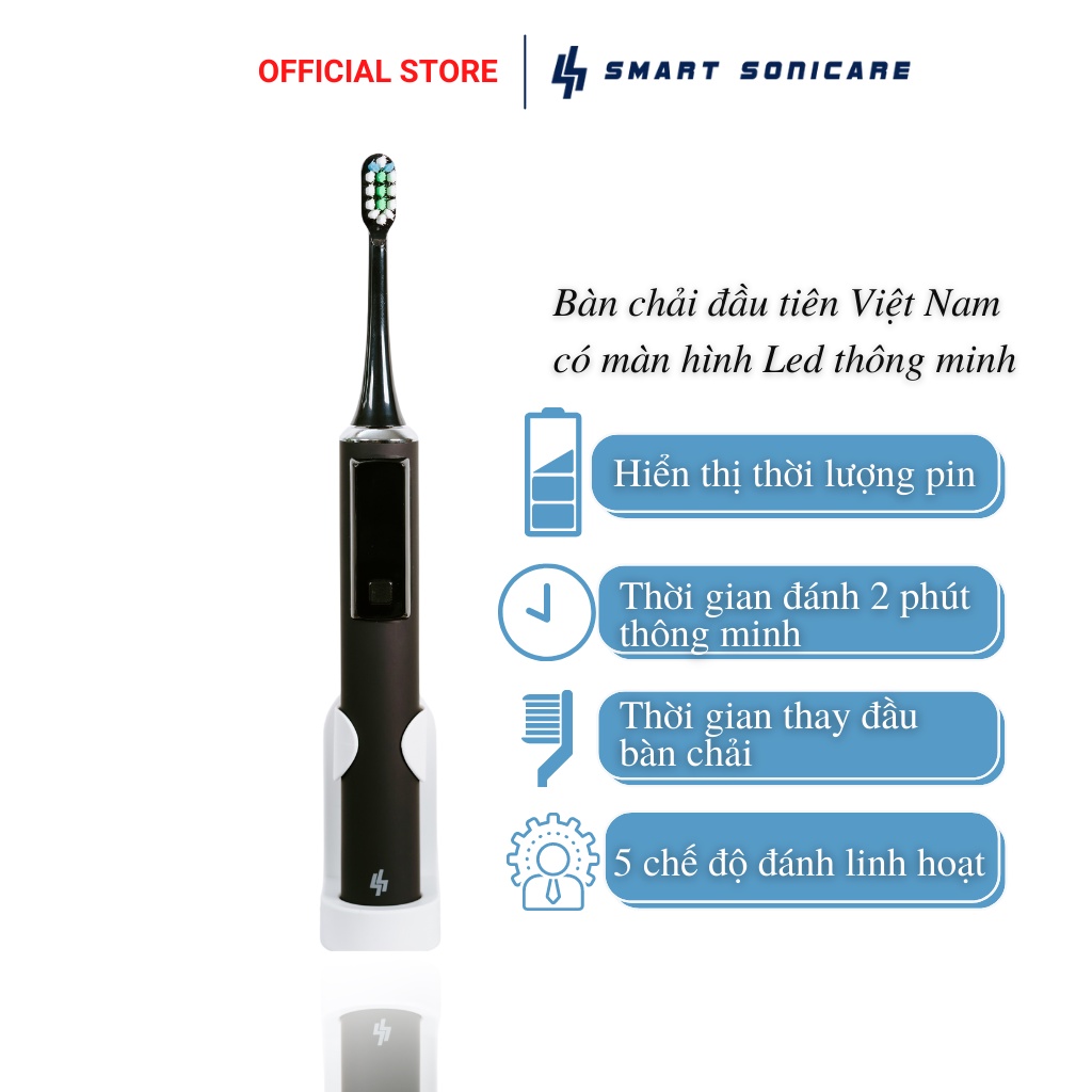 Bàn chải đánh răng điện Smart Sonicare SS-01-ĐEN NHÁM- màn hình LED, công nghệ sóng âm cao cấp như Oral B, Philips