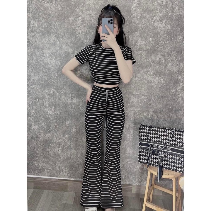 Set bộ kẻ sọc áo croptop phối quần ống loe sọc ngang cực dễ thương năng động, set bộ mặc dạo phố
