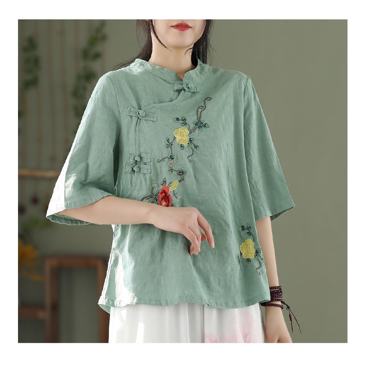Áo Sơ Mi Vải Lanh cotton Cỡ Lớn Cổ Đứng Cài Nút Thêu Họa Tiết Kiểu Dân Tộc Trung Hoa Thời Trang Xuân Hè 2022