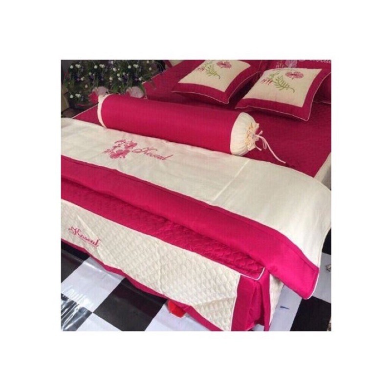 Set 7 món chăn ga gối satin trần bông satin thêu hoa cao cấp