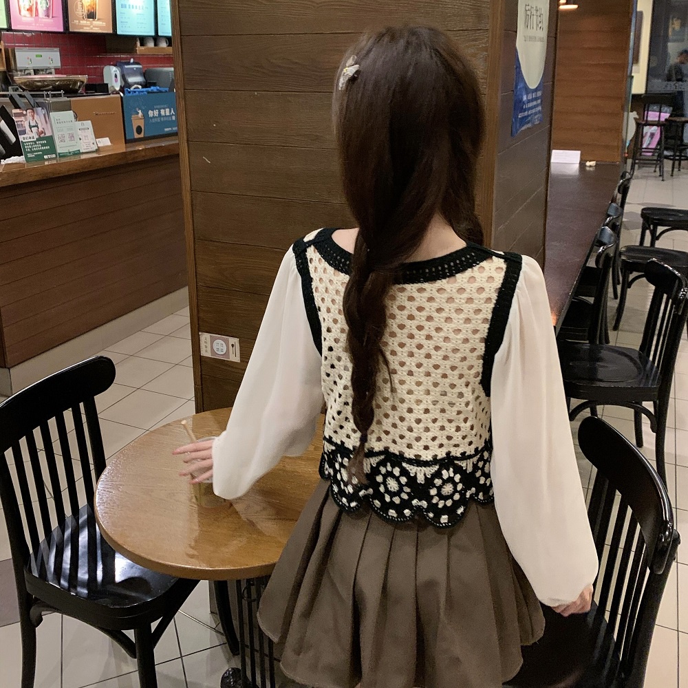 【ZHELIHANGFEI】Áo Len Tay Dài Lưng Cao Viền Ren Theo Phong Cách Preppy