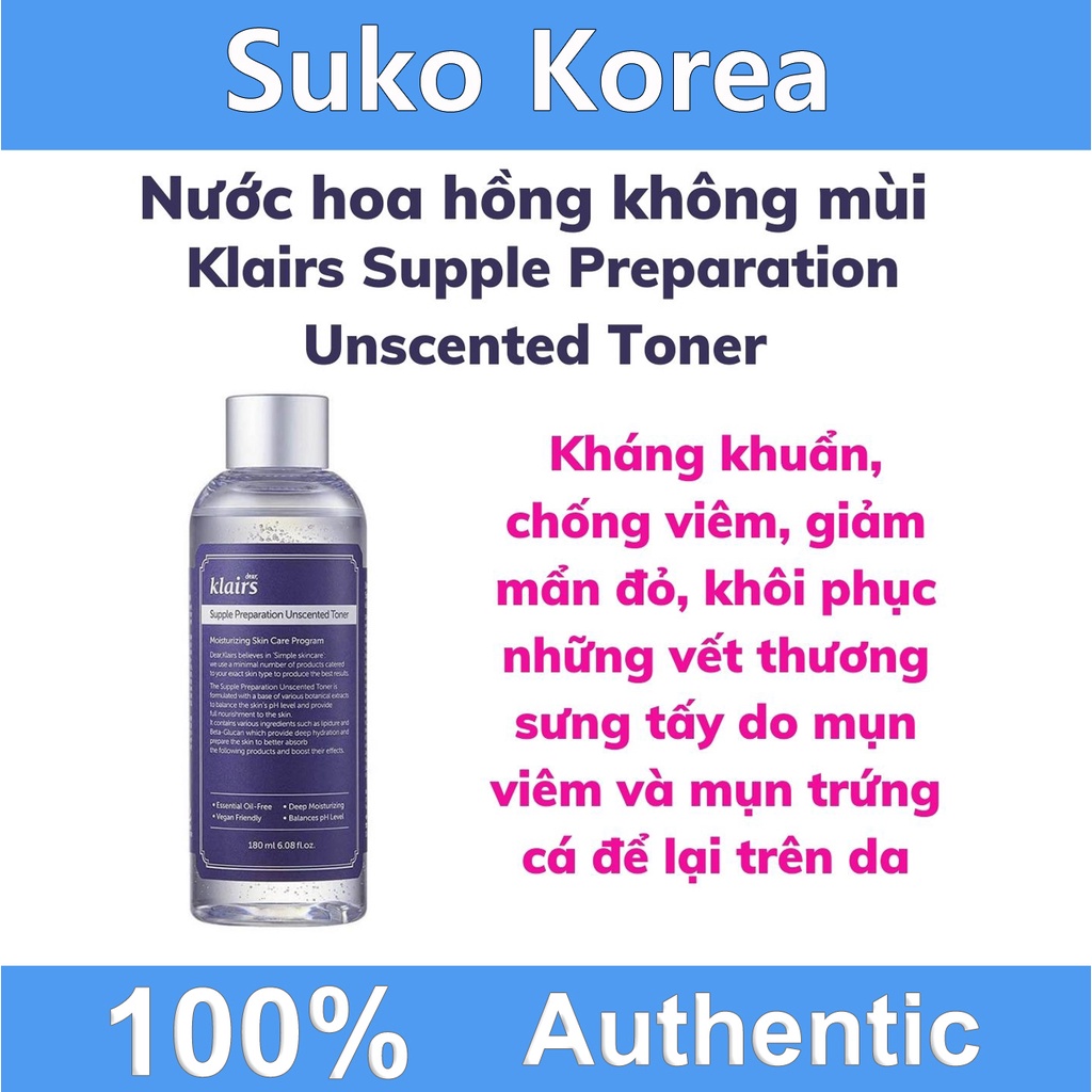 Toner klairs không mùi, nước hoa hồng chống viêm không mùi Klairs Supple Preparation Unscented Toner 180ml chính hãng