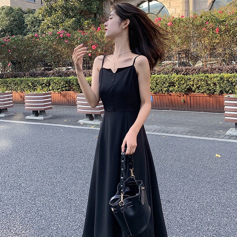 Đầm Hai Dây Màu Đen Phong Cách Hàn Quốc Cổ Điển Thời Trang Cho Nữ