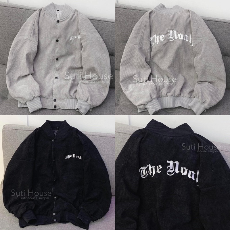 Áo Jacket Bomber THE NOAH Unisex 2 Màu Xám/Đen Vải Nhung Gân FULL Thêu 2 Lớp Form Rộng - Suti House