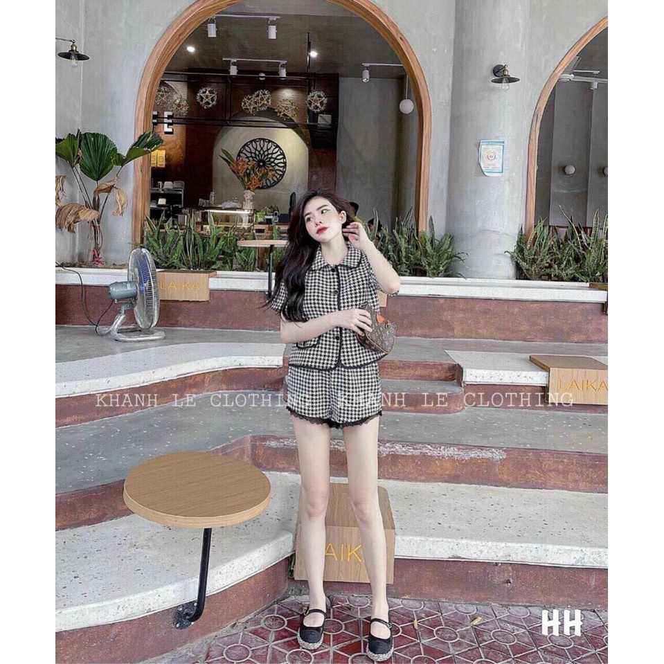 Set bộ tiểu thư caro cổ bẻ, áo kiểu nữ, set bộ đi chơi quần đùi ngắn, quần short nữ viền ren