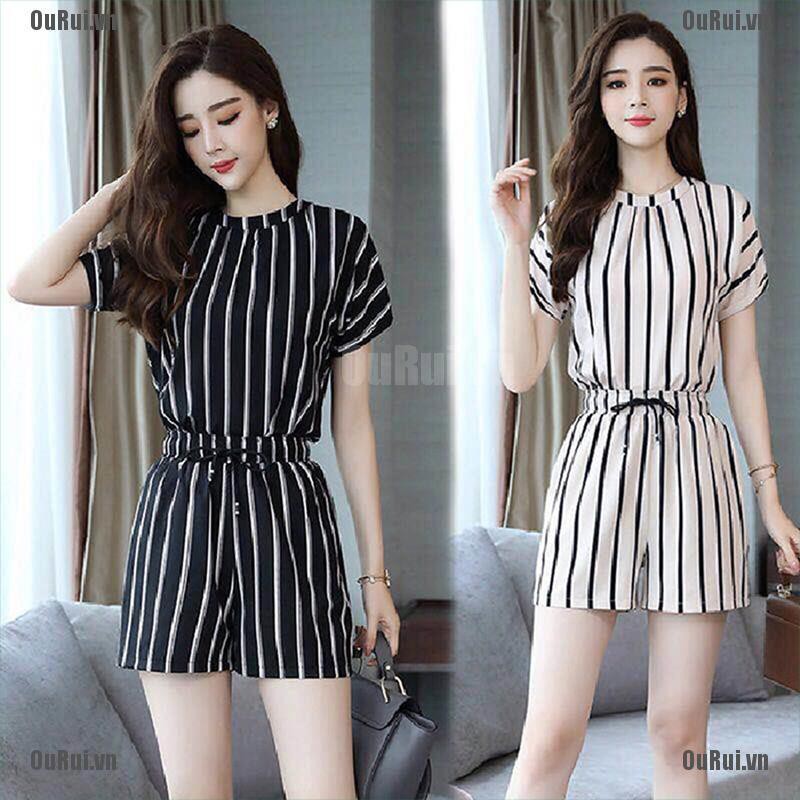 Set Áo Thun Tay Ngắn Kẻ Sọc Phối Quần Short Thời Trang Trẻ Trung