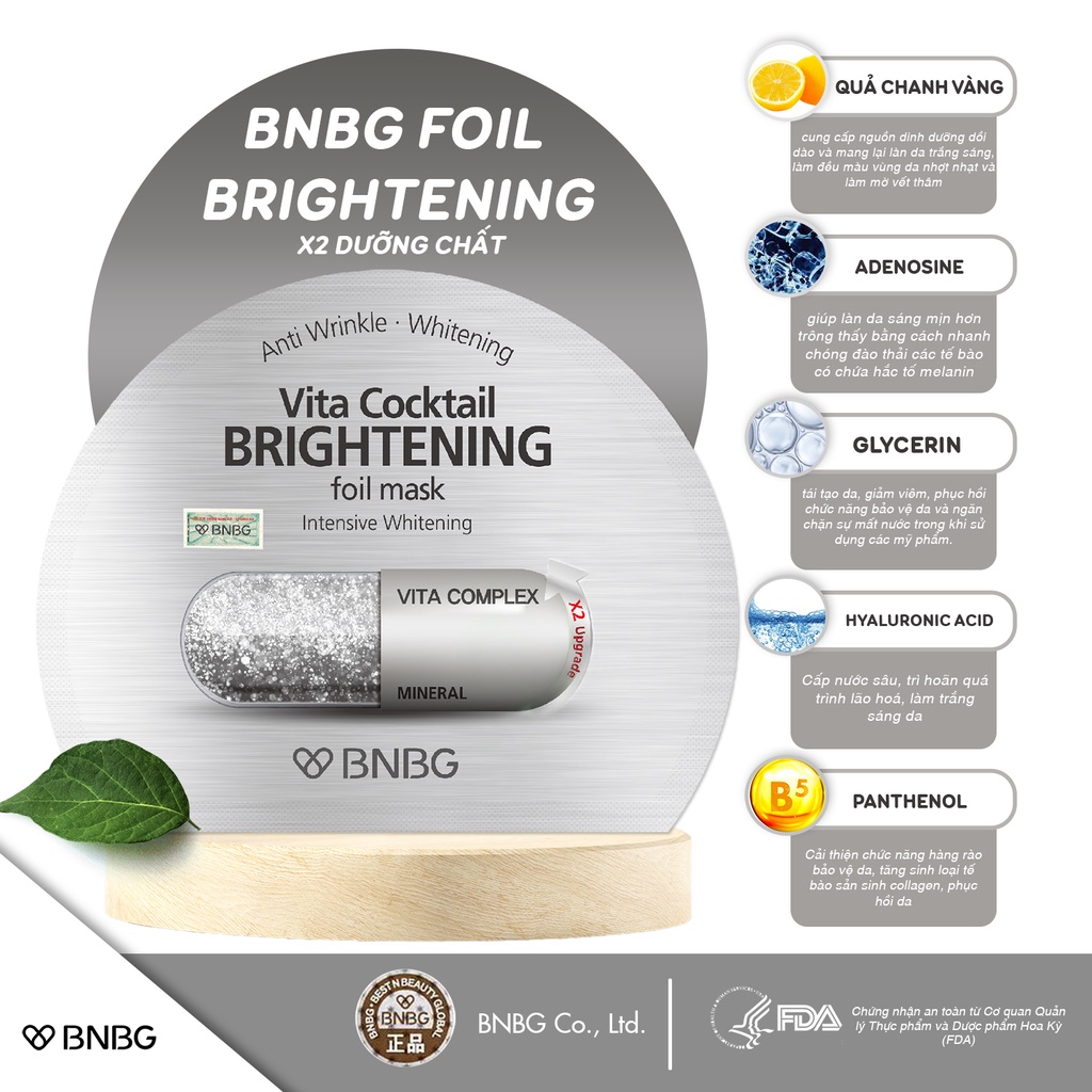 Hộp10 Mặt nạ dưỡng da trắng sáng làm mờ vết thâm BNBG Vita Cocktail Brightening Foil Mask-Intensive Brightening 30ml x10