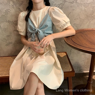 Kẻ Sọc Nơ Treo Áo Vest+Lỏng Dài Đầm Trẻ Em
