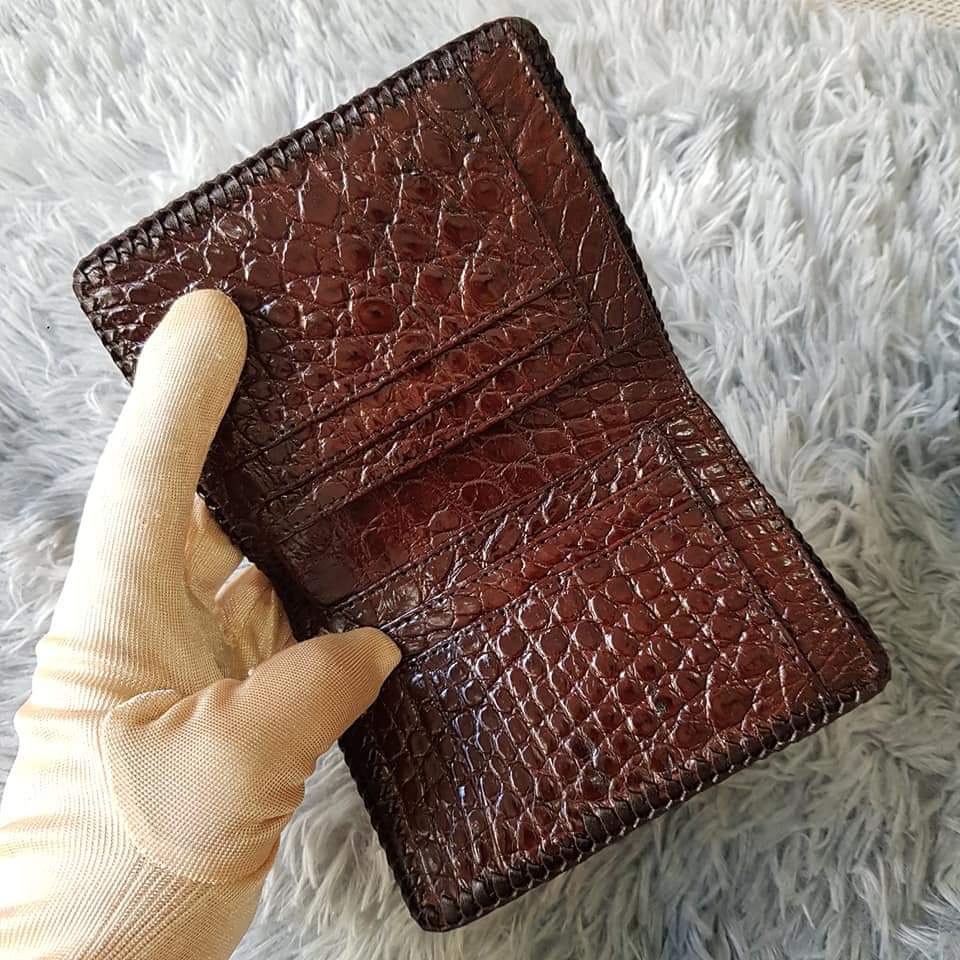 Ví Da Cá Sấu Thủ Công 2 Mặt | Ví Cá Sấu Đan Viền Da Bụng Dáng Đứng | Màu Nâu | Bảo Hành 24 Tháng