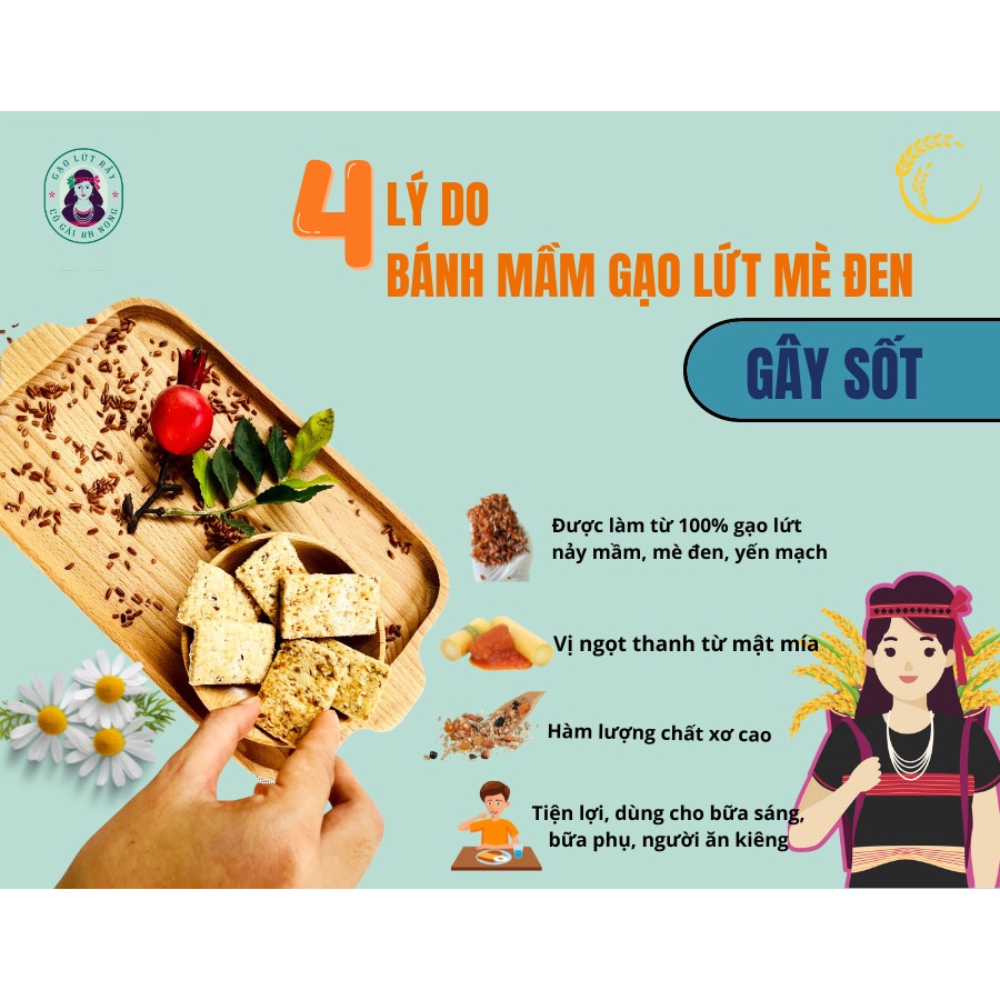 Bánh mầm gạo lứt Bh.nong dùng trong ăn kiêng, ăn chay lành mạnh làm từ mầm gạo lứt, mè đen và yến mạch