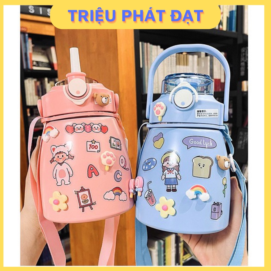 Bình nước giữ nhiệt cute có sticker và ống hút kiểu dáng dễ thương - Bình giữ nhiệt sticker 900ml cho bé inox 304 xịn
