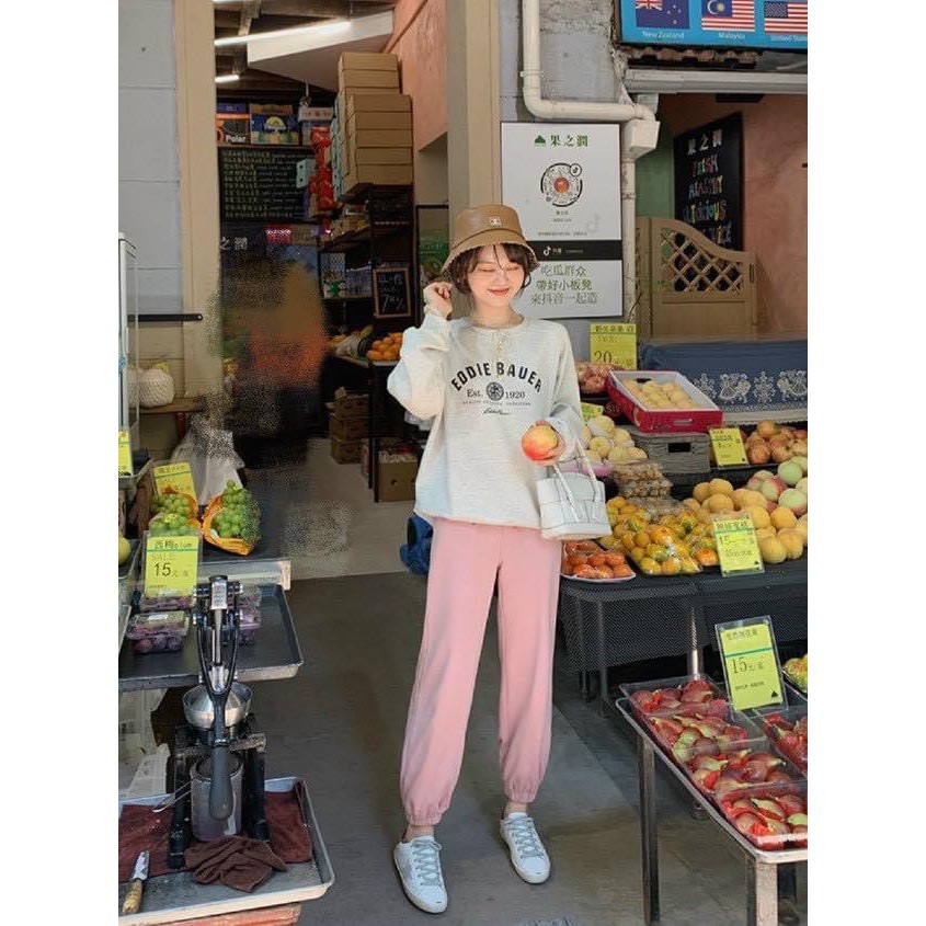 Bộ Thể Thao Nữ Thu Đông Cao Cấp, Set Bộ Nỉ Áo Xám Quần Hồng Bo Gấu Freesize Phong Cách Hàn Quốc.