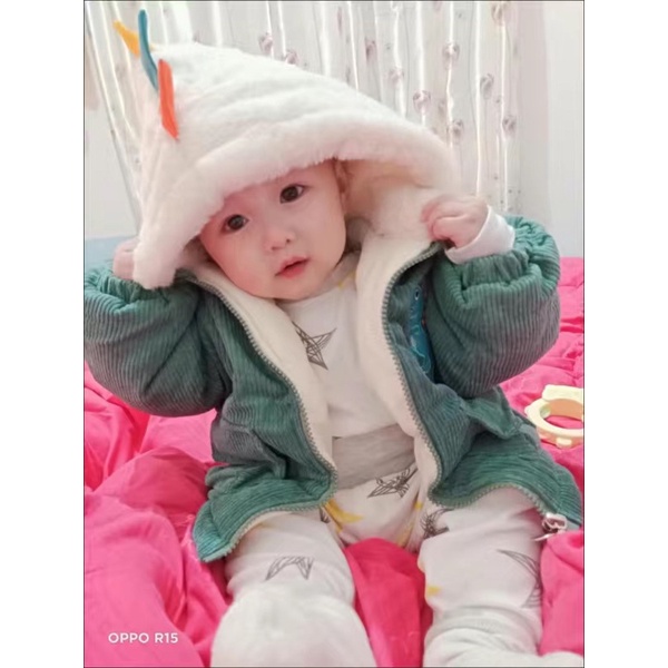 Áo Khoác Nhung Tăm Trần Bông Mũ Lông Khủng Long Siêu Ấm