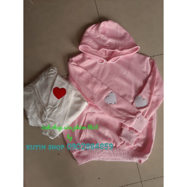 Áo khoác nỉ nam nữ hoodie chui đầu thêu 2 trái tim tay có ảnh thật