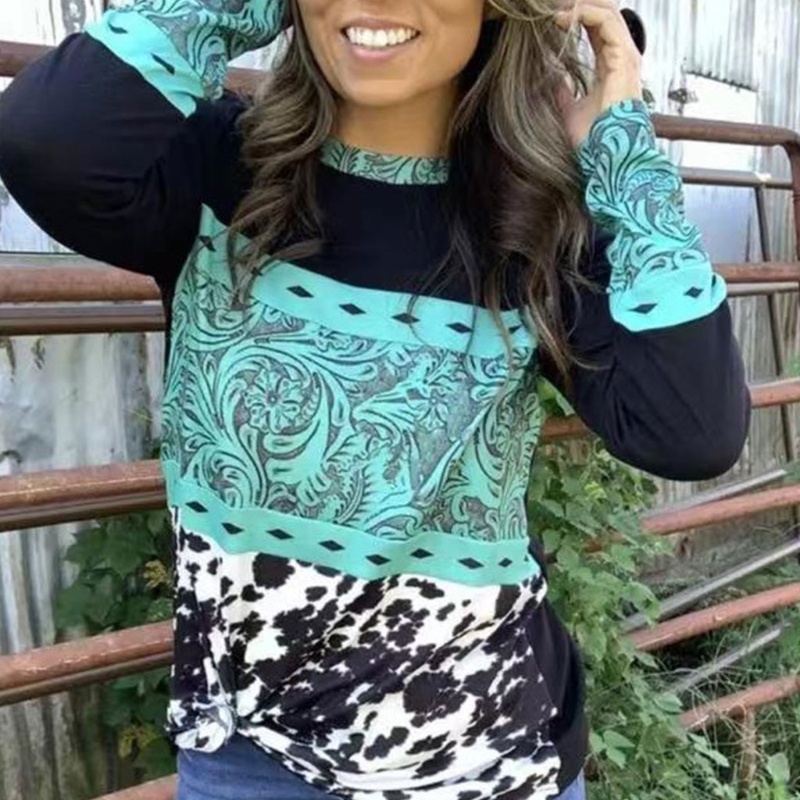 Áo Thun Nữ Tròng Đầu Cổ Tròn Tay Dài In Họa Tiết Da Báo Màu Khối Phong Cách Dân Tộc