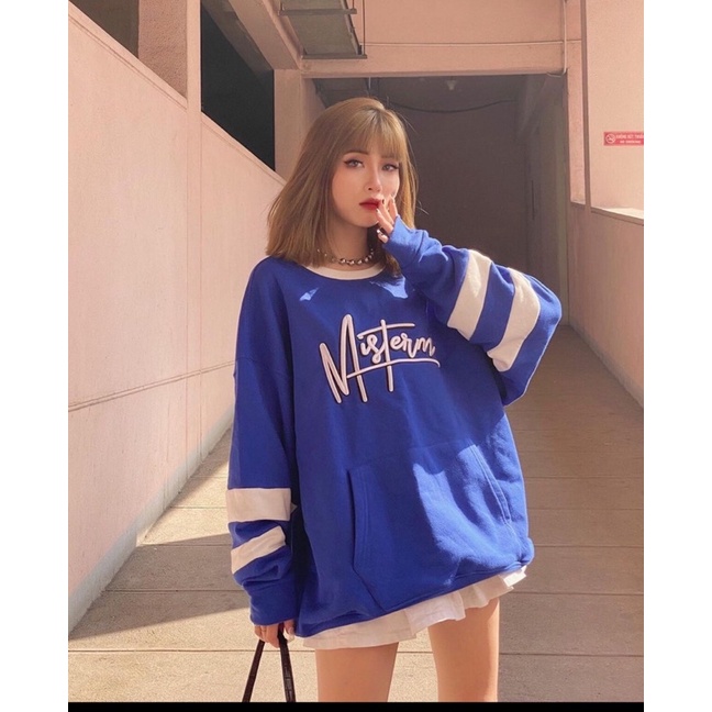 Áo Sweater chữ Ngực Màu xanh, Áo Nỉ Nữ BROOKLYN Cổ Tròn Form Rộng Tay Phồng Siêu xinh | BigBuy360 - bigbuy360.vn