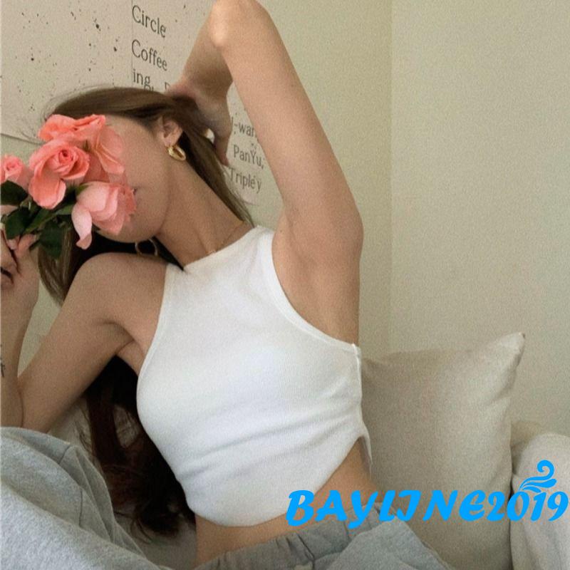 BAY-Women Bodycon Camisole, Solid Color Round Neck Sleeveless Cropped Tank Tops, White/ Black