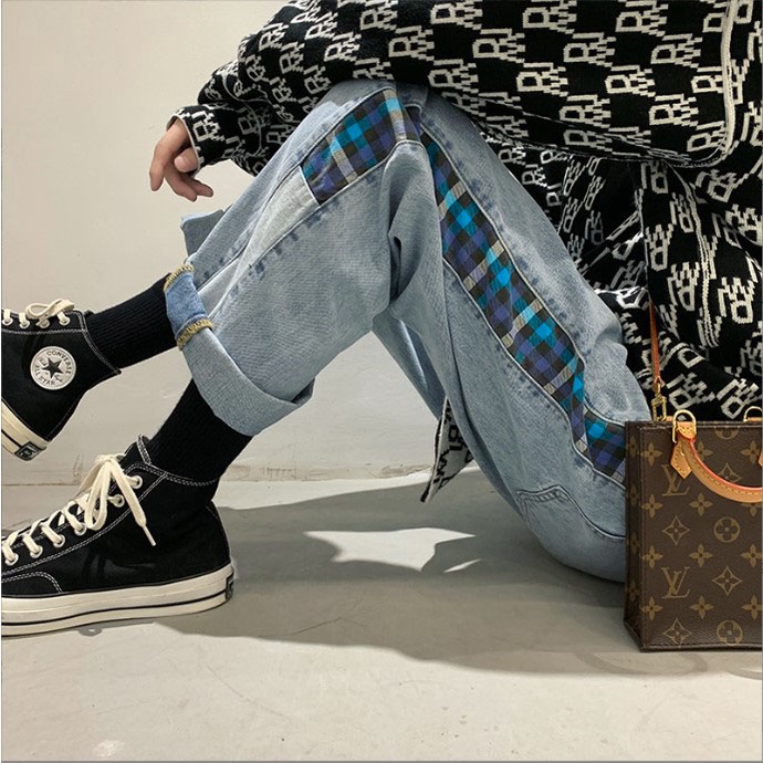 [sale xả kho] Quần baggy jean ống rộng suông unisex nam nữ họa tiết kẻ sọc 2 bên t515 pon.mens