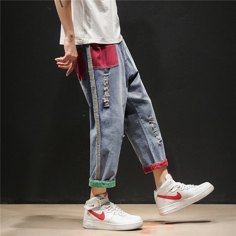 màu tương phản quần jean rách ống rộng nam phong cách Hàn Quốc 9 điểm âu
