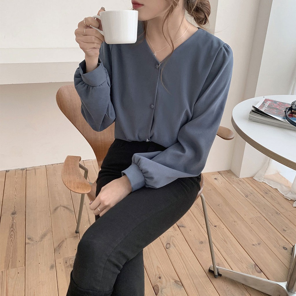 Áo sơ mi tay dài cổ chữ V màu trơn đơn giản dễ phối đồ phiên bản Hàn Quốc cho nữ 38597