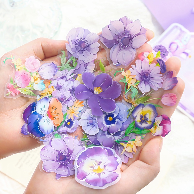 Set 30 Miếng Dán PET Chống Thấm Nước Họa Tiết Hoa Màu Laser Dùng Trang Trí Sổ Tay/Sổ Tay DIY