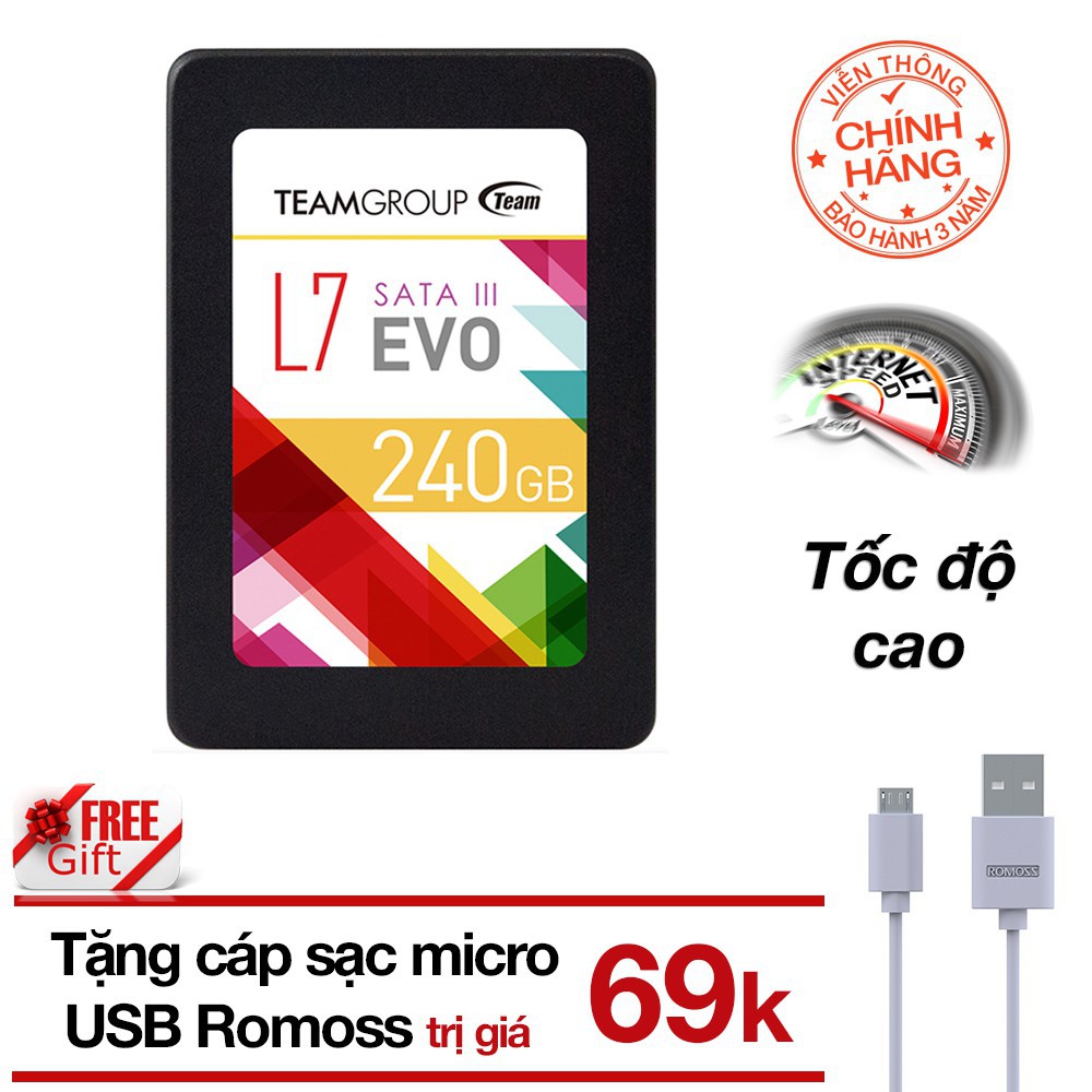 (Tặng cáp) Ổ cứng SSD 240GB Team L7 EVO Sata III (BH 3 năm) tặng Cáp micro USB tròn Romoss - Hãng phân phối chính thức