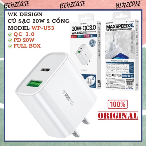 Củ sạc nhanh 20W cao cấp WP-U53 2 cổng chính hãng WK, thiết kế gọn nhẹ, nhựa ABS chống cháy, chip sạc thông minh