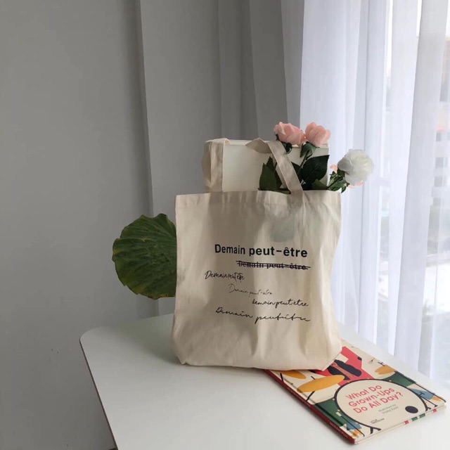 Túi tote vải canvas phong cách vintage Hàn Quốc Chữ Demain