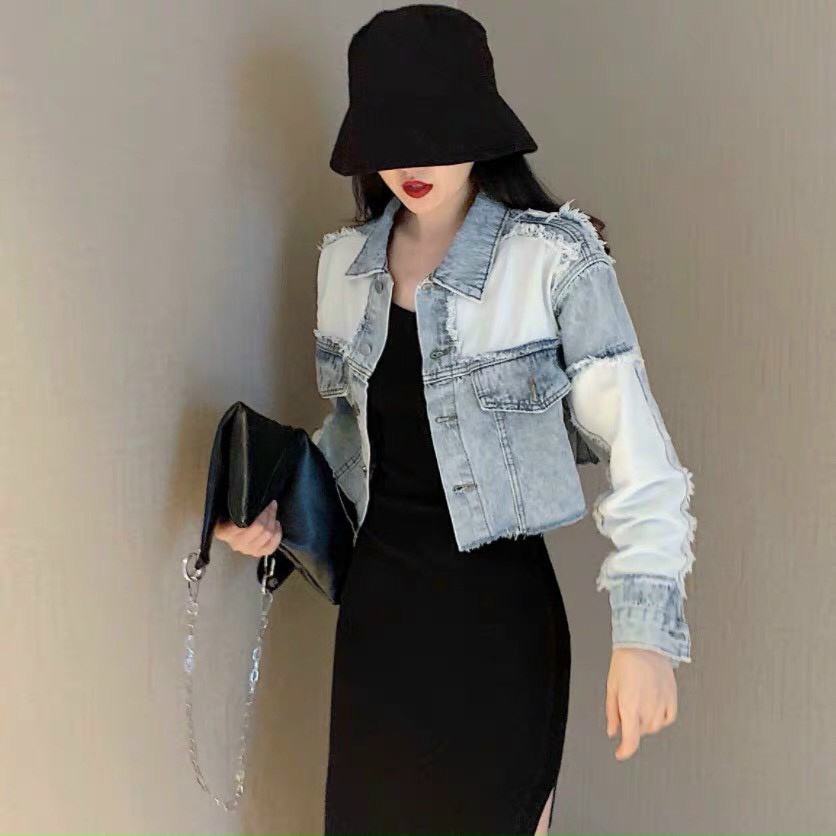 Áo Khoác Jean Nữ Form Lửng Phối Trắng, Khoác Bò Chất Denim Cao Cấp
