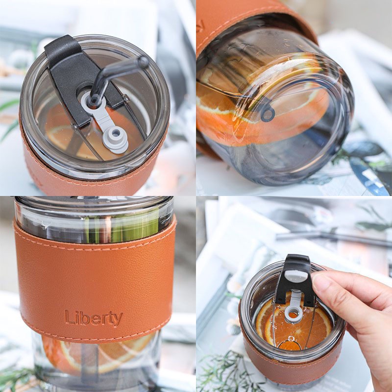 Cốc ly sứ Liberty bao da chất liệu thủy tinh kèm ống hút phong cách trẻ trung thích hợp dùng hàng ngày,đi học, đi làm