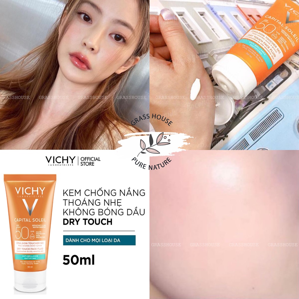 KEM CHỐNG NẮNG VICHY DRY TOUCH SPF50 DÀNH CHO DA DẦU, DA NHẠY CẢM kem chống nắng kiêm kem lót thấm sâu da không gây nhít