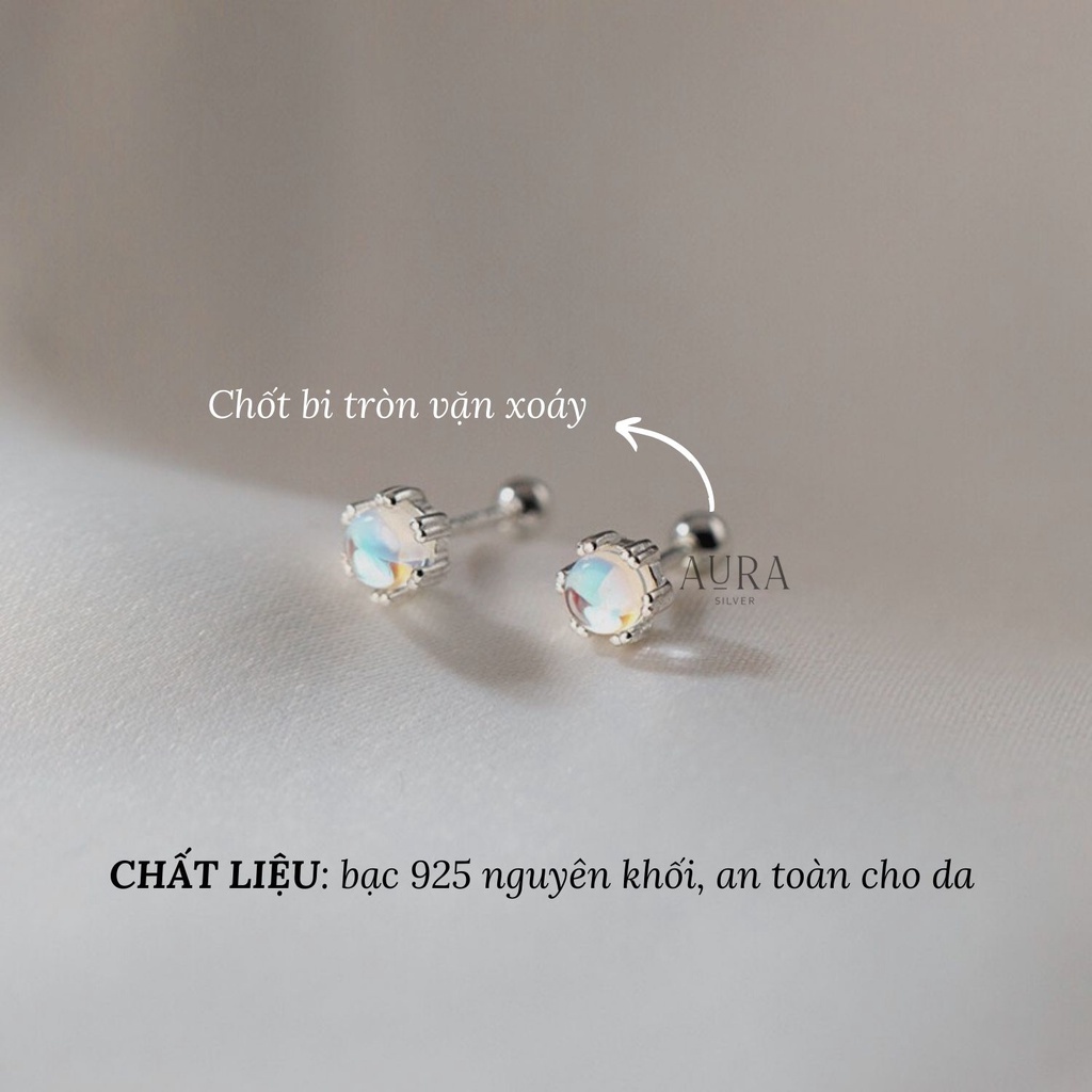 Bông tai bạc nữ khuyên tai đá tròn mặt trăng Moon Stone-KT50