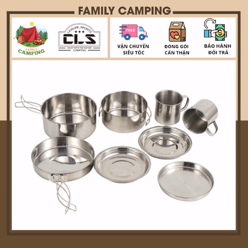 Bộ nồi inox 8 món ngoài trời cắm trại di động bộ bát nướng nồi nướng gấp gọn chính hãng CLS