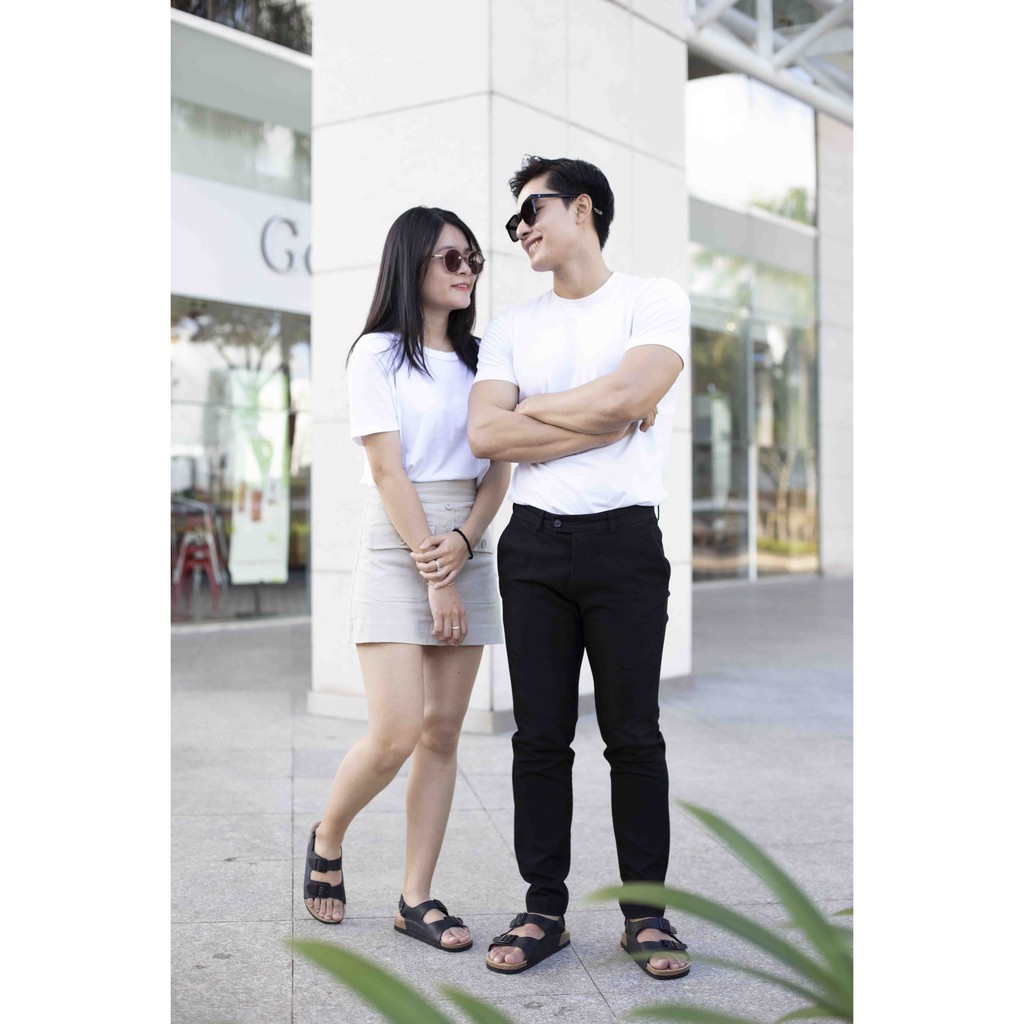 Giày Sandal Unisex HuuCuong 2 khóa da bò đen đế trấu