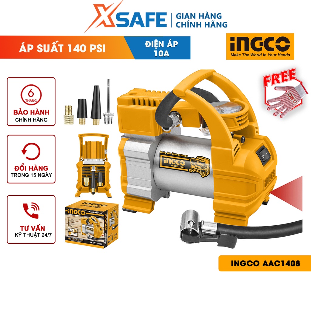 Máy kiểm tra hơi lốp xe INGCO AAC1408 - Máy bơm hơi lốp xe Kèm đèn Led, dây nguồn 3m, 1 pin kẹp 4 vòi phun