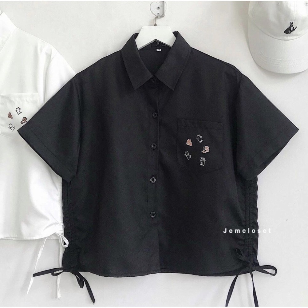 {SP mới - sẵn} -  KOREA ÁO SƠ MI TRẮNG RÚT 2 BÊN HÔNG NỮ - Áo croptop sơ mi dây rút eo KOS Đen Trắng Túi Ngực Hình Thỏ