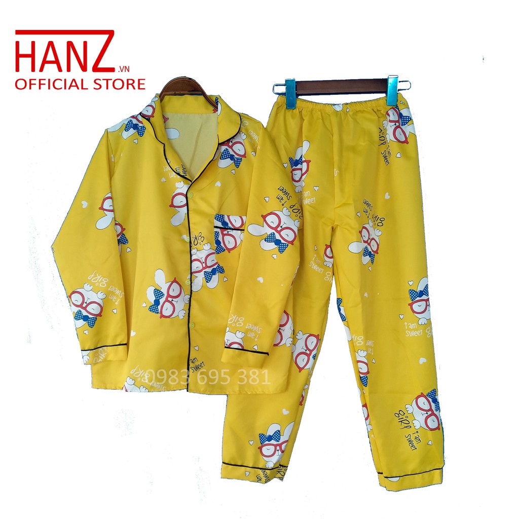 Bộ ngủ pijama lụa kate thái áo dài quần dài bộ mặc nhà Hanz.vn mềm mại dễ thương H 1 Vàng Thỏ K.To