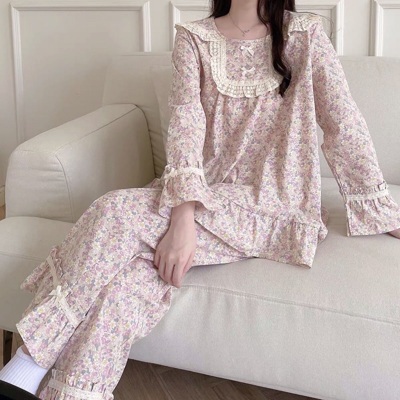 Đồ Ngủ Hoa Nhí Ulzzang Style Hàn Quốc- Đồ Bộ Nữ Mặc Nhà Tiểu Thư Phối Bèo Công Chúa