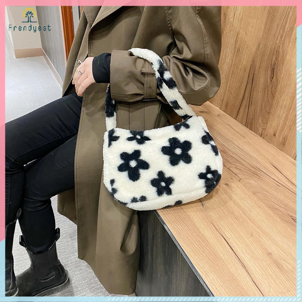 Túi đeo vai nhung lông in hoa đơn giản thời trang mùa thu mềm mại | BigBuy360 - bigbuy360.vn