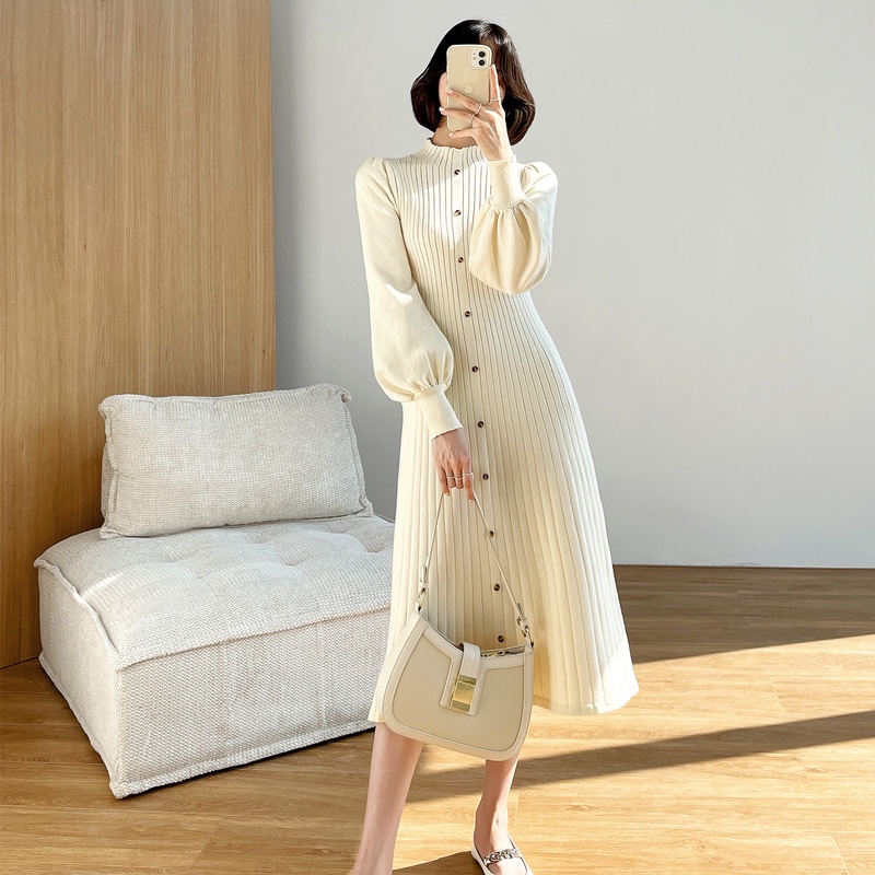 Đầm Len Dệt Kim Tay Phồng Cổ Cao Thời Trang Cho Nữ váy