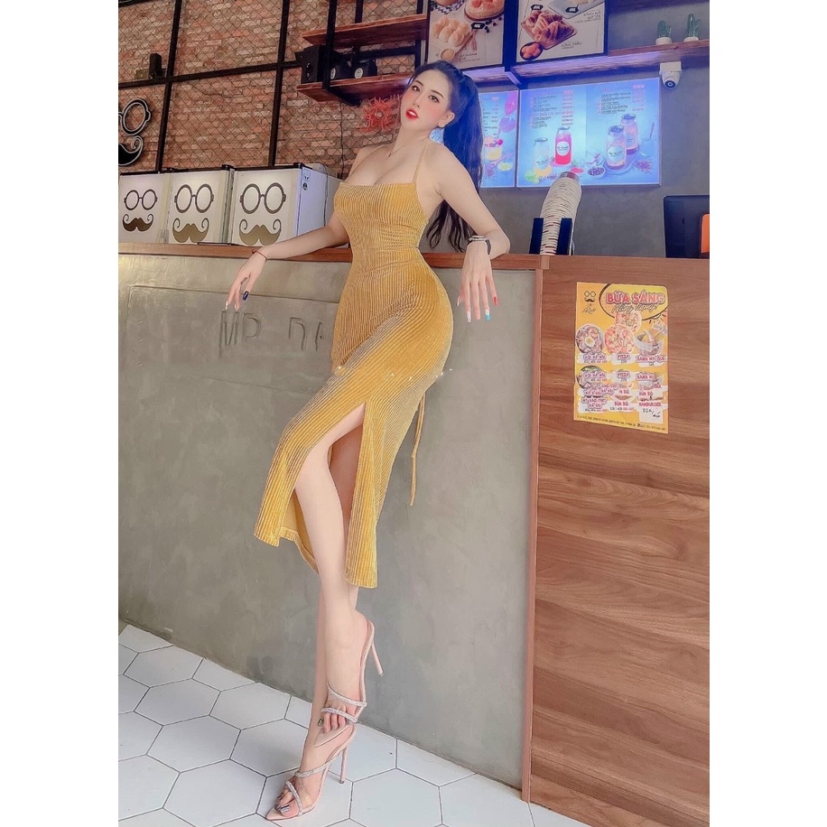 Đầm body 2 dây xẻ tà đan sau lưng cực sexy , chất thun gân dày dặn mềm mịn