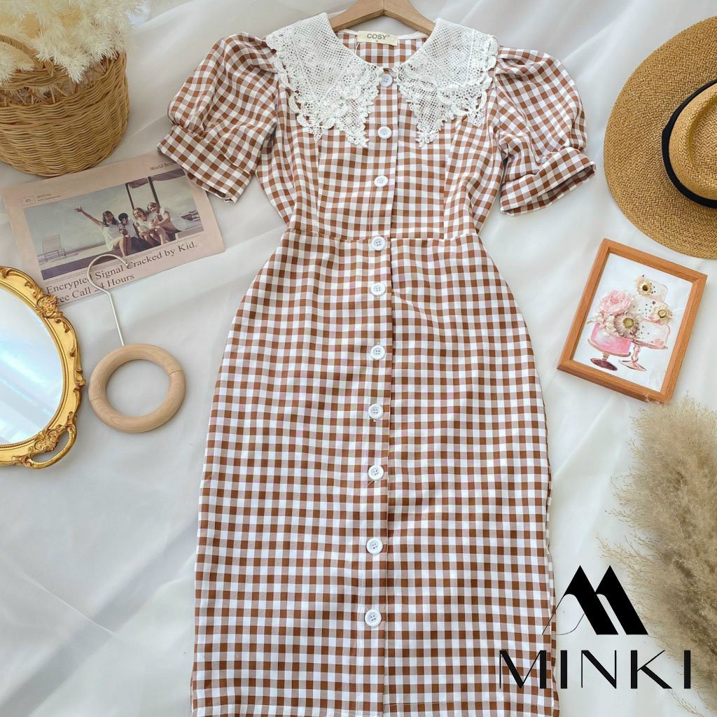 VÁY CARO CỔ REN CHO NỮ -Chất liệu Kaki Cotton nhập khẩu - Họa tiết Caro Hồng - Nâu - Xanh | BigBuy360 - bigbuy360.vn